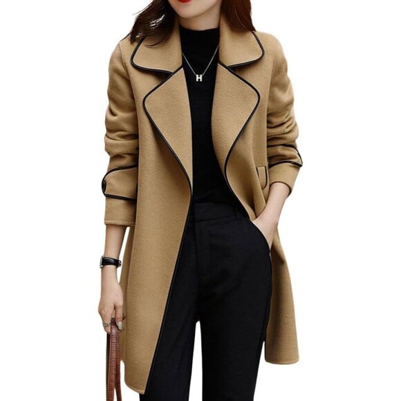Women's Khaki Winter Elegant Lapel Open Front Wool Coat Wool Blend Trench Coat - Picture 1 of 6